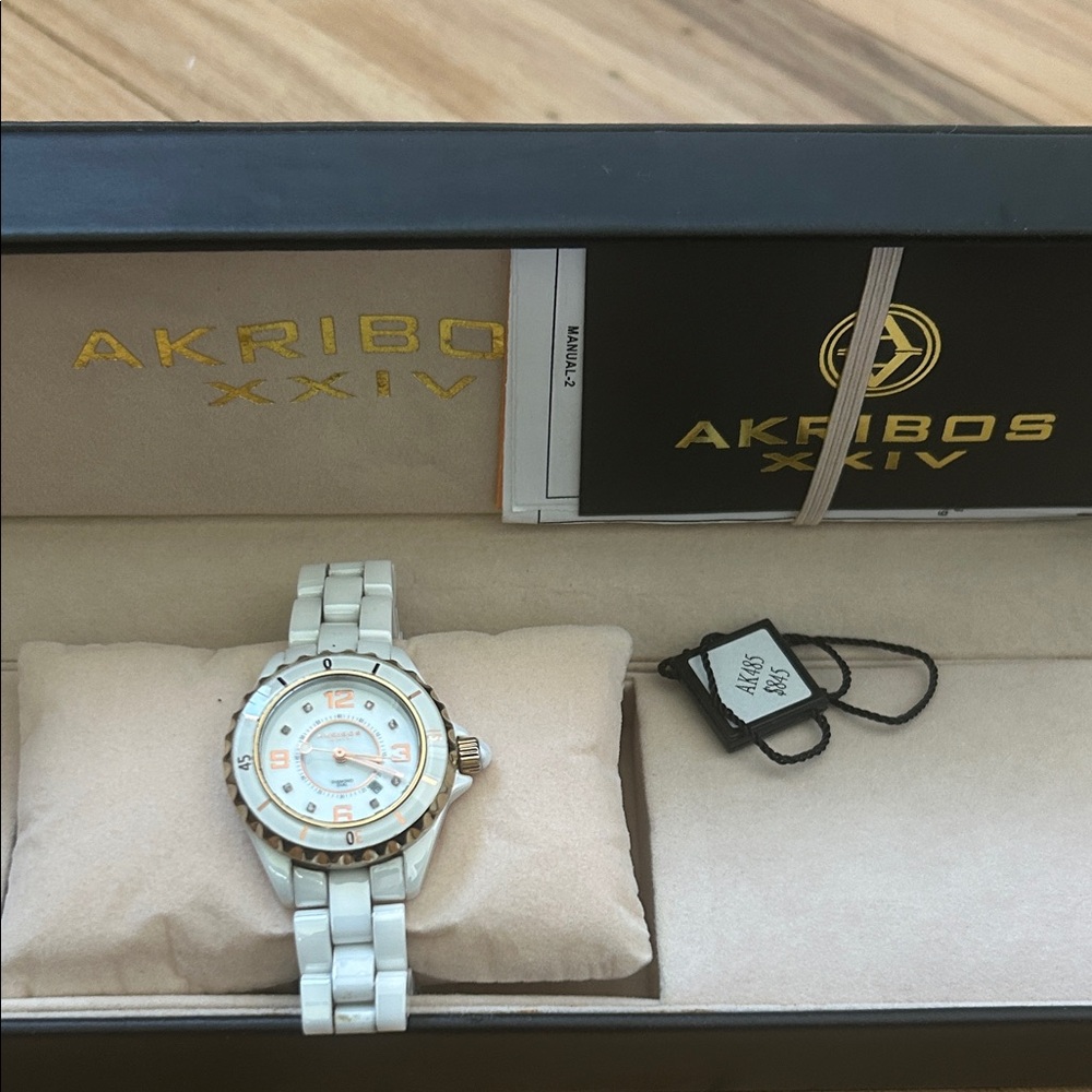 Akribos XXIV White Ceramic Watch with Rose Gold Accents